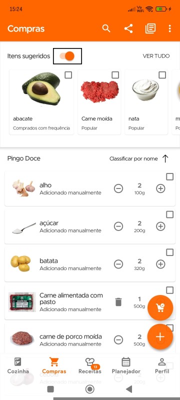 Toggle suggested items switch on Shopping List